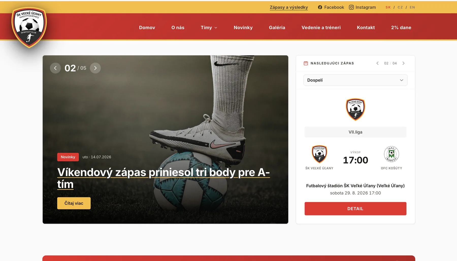 Klubový web ŠK Veľké Úľany postavený v Klubove